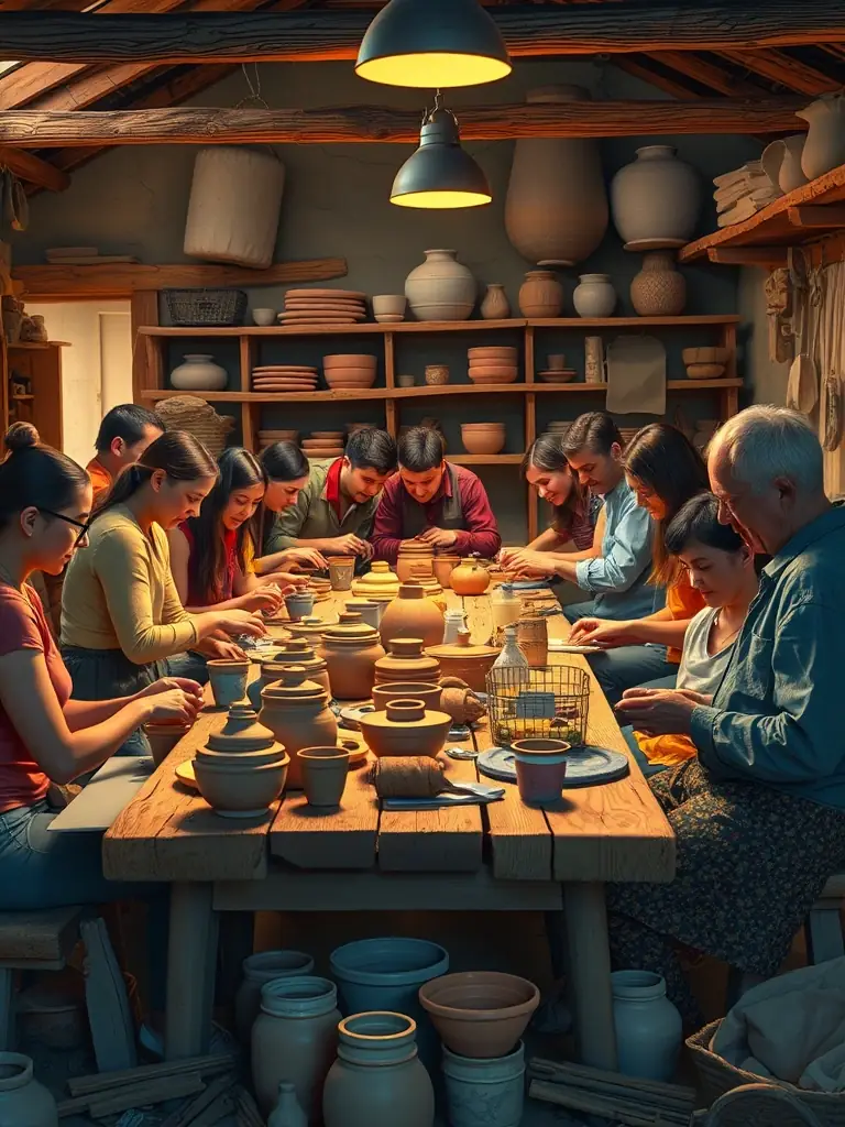 A vibrant photo of a group of people participating in a pottery workshop at RCF, showcasing the artistic engagement and community spirit.