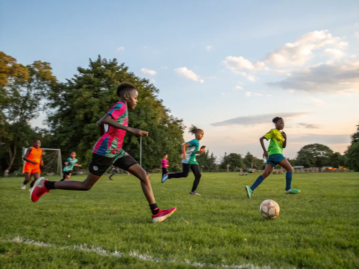 A photograph of children playing soccer during a recreational sports program at the RCF, emphasizing physical activity and teamwork.