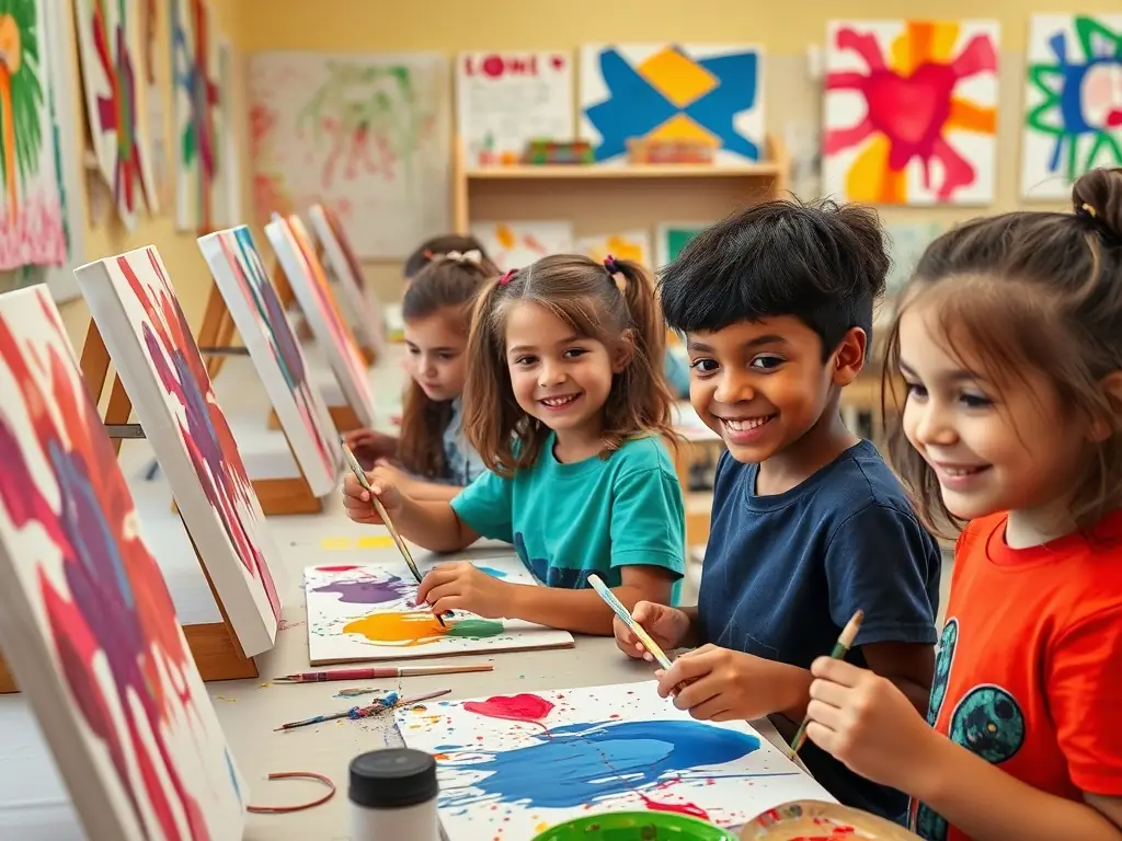 An image depicting a group of children participating in an art class at the RCF, with easels and colorful paintings visible, highlighting the artistic programs available.