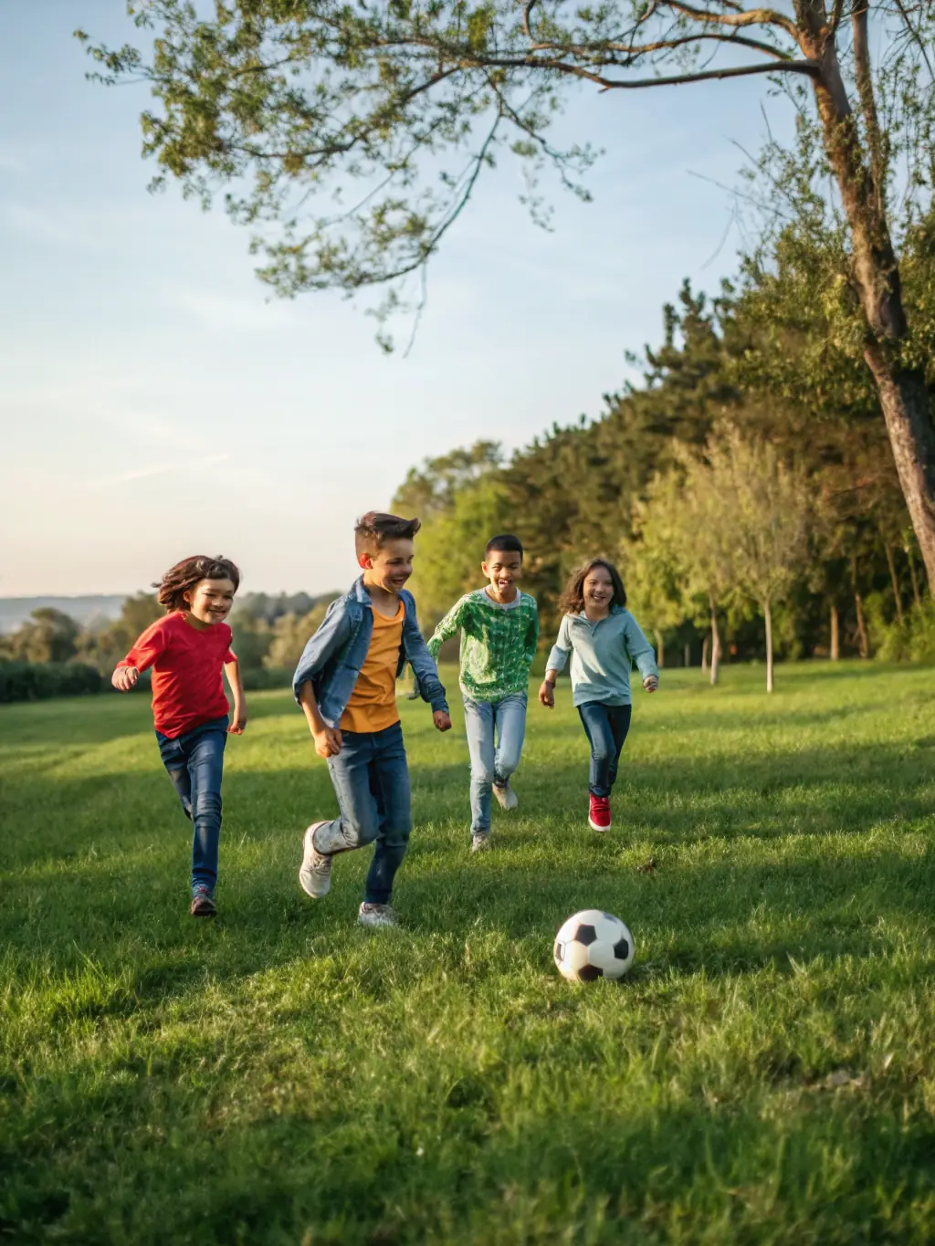 A dynamic image of children playing soccer during a youth sports program at the RCF facilities, emphasizing the recreational aspect.