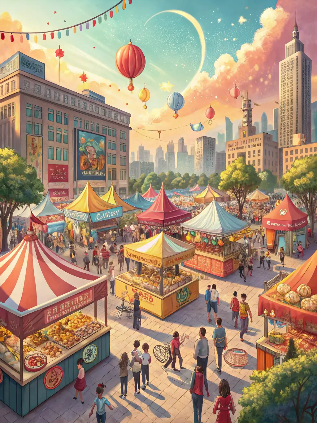 A vibrant photograph capturing the excitement of the 'Fontvieille Spring Festival' with families enjoying games, food stalls, and live music in a park setting.